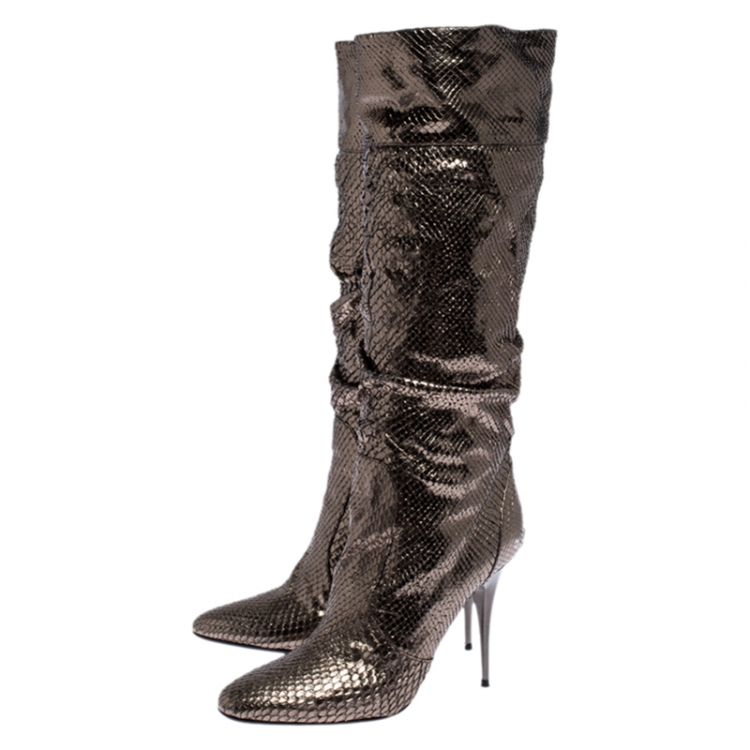 Pre Owned Burberry Metallic Grey Python Leather Ruffle Detail Knee High Boots Size 40