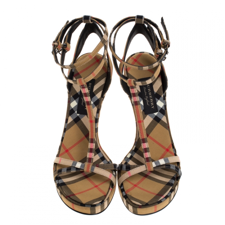 Pre Owned Burberry Beige Novacheck Fabric Hans T Strap Sandals Size 37.5