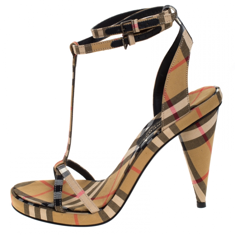 Pre Owned Burberry Beige Novacheck Fabric Hans T Strap Sandals Size 37.5