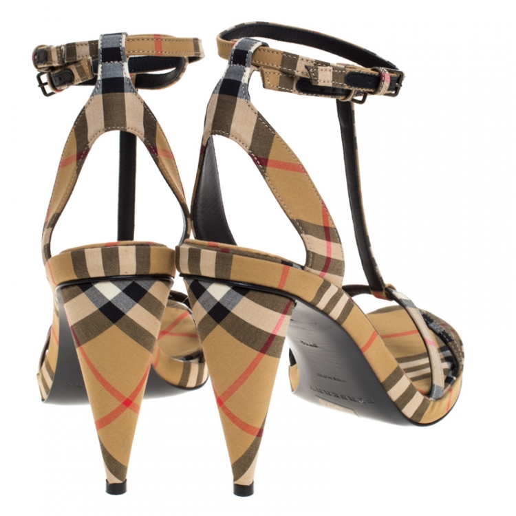 Pre Owned Burberry Beige Novacheck Fabric Hans T Strap Sandals Size 37.5
