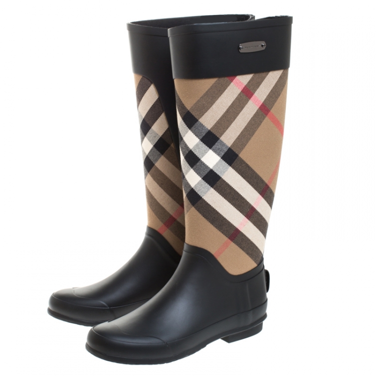 Pre Owned Burberry Black/Beige House Check Fabric And Rubber Clemence Rain Boots Size 36