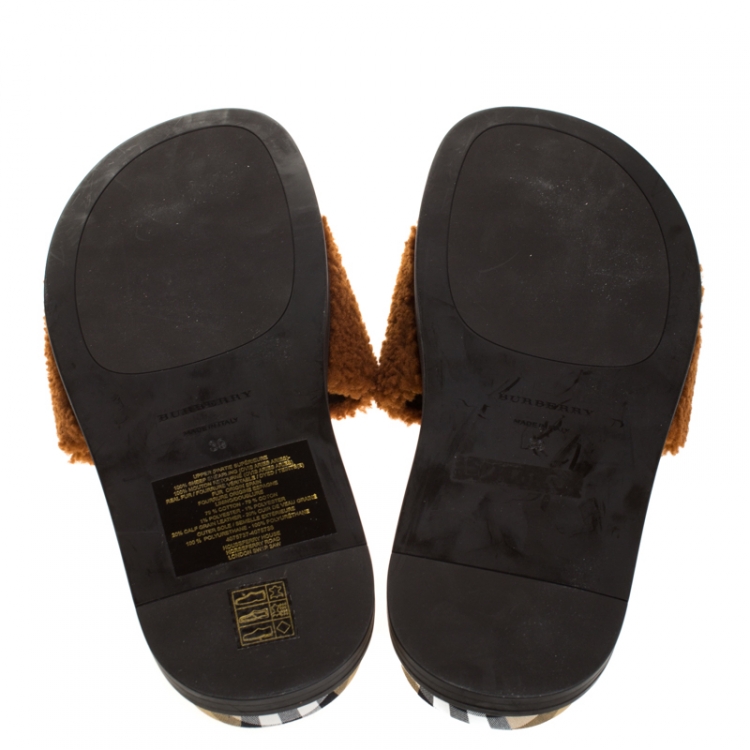 Pre Owned Burberry Brown Shearling And Vintage Check Canvas Flat Slides Size 39
