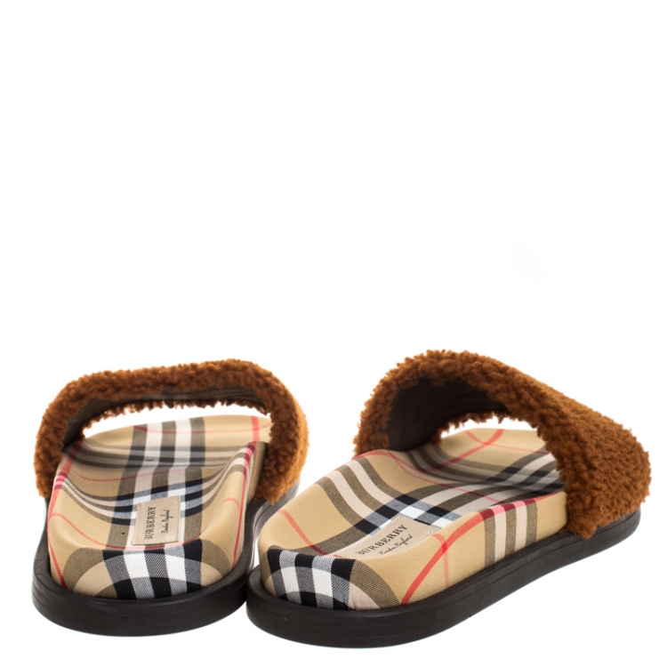 Pre Owned Burberry Brown Shearling And Vintage Check Canvas Flat Slides Size 39