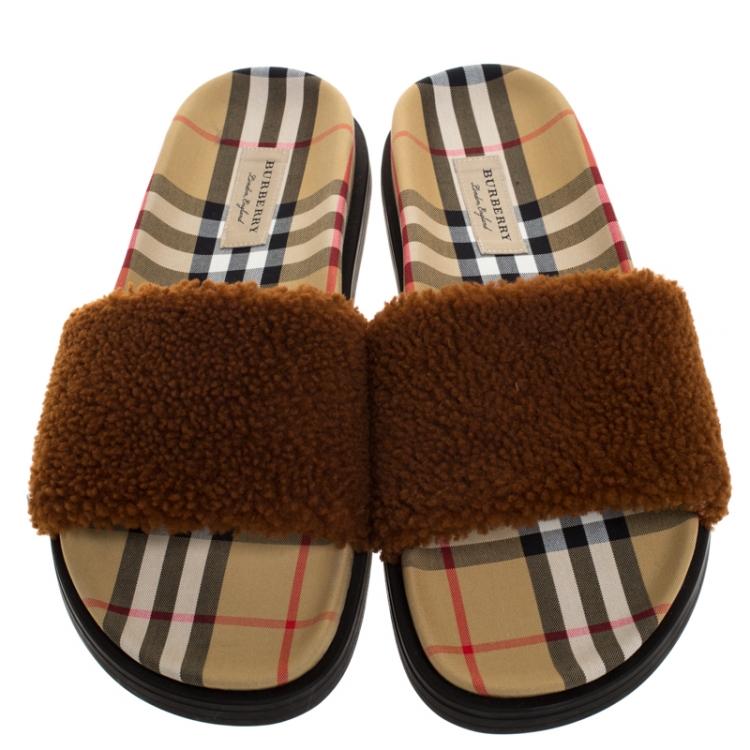Pre Owned Burberry Brown Shearling And Vintage Check Canvas Flat Slides Size 39