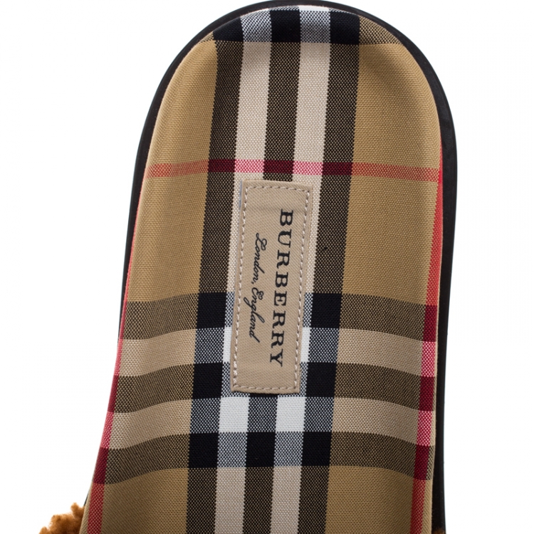 Pre Owned Burberry Brown Shearling And Vintage Check Canvas Flat Slides Size 39