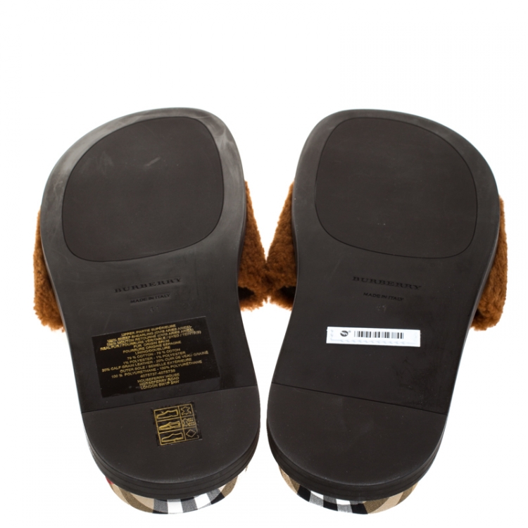 Pre Owned Burberry Brown Shearling & Vintage Check Kencot Slides Size 41