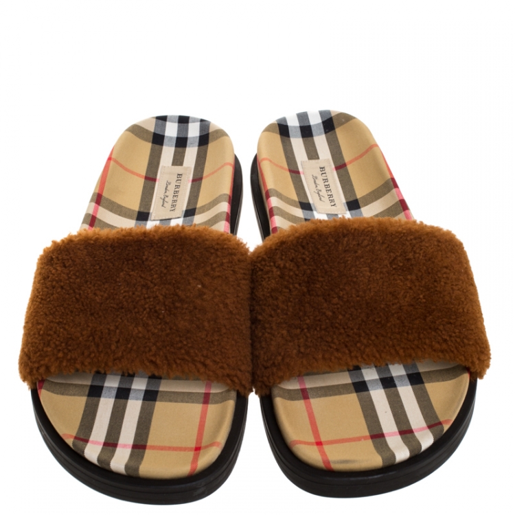 Pre Owned Burberry Brown Shearling & Vintage Check Kencot Slides Size 41