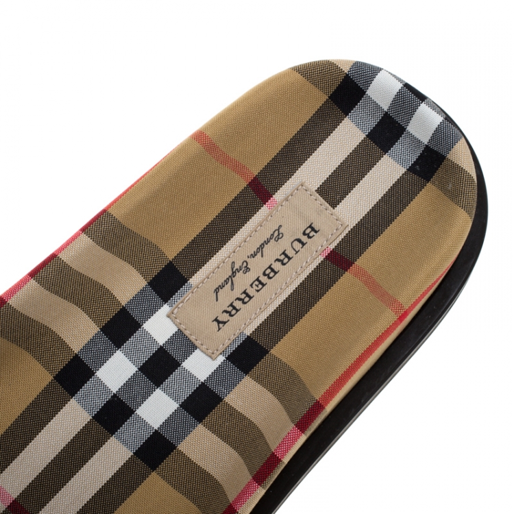 Pre Owned Burberry Brown Shearling & Vintage Check Kencot Slides Size 41