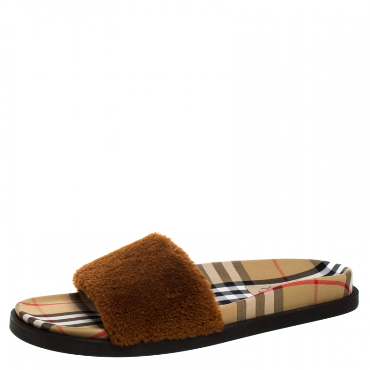 Pre Owned Burberry Brown Shearling & Vintage Check Kencot Slides Size 41