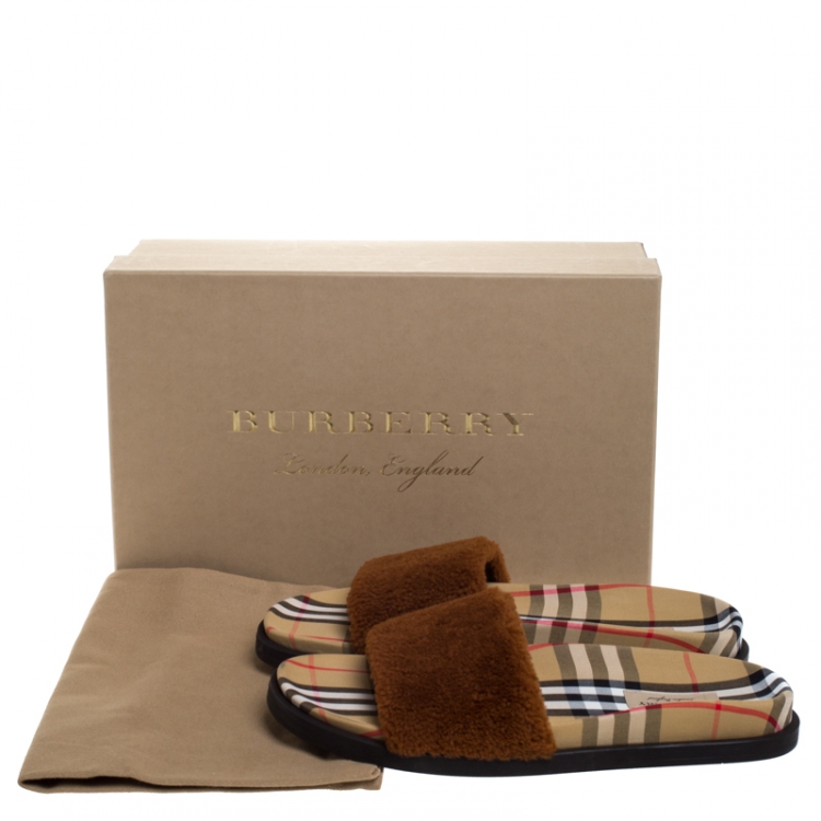 Pre Owned Burberry Brown Shearling & Vintage Check Kencot Slides Size 41
