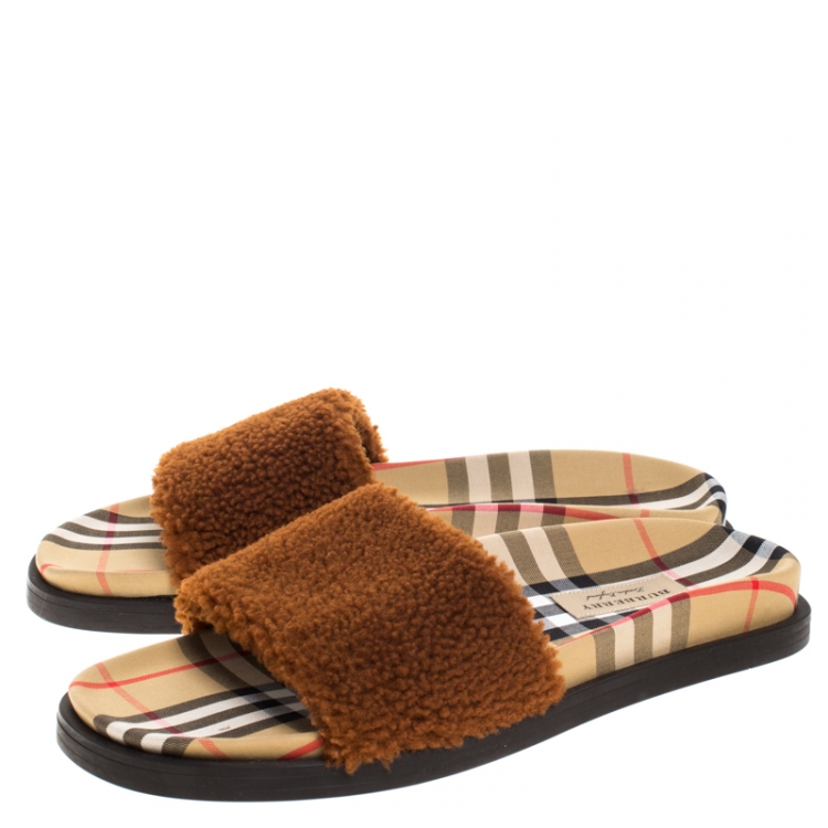 Pre Owned Burberry Brown Shearling & Vintage Check Kencot Slides Size 41