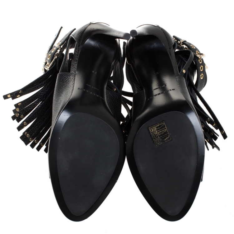 Pre Owned Burberry Black Leather Overfield Fringe Open Toe Ankle Boots Size 39