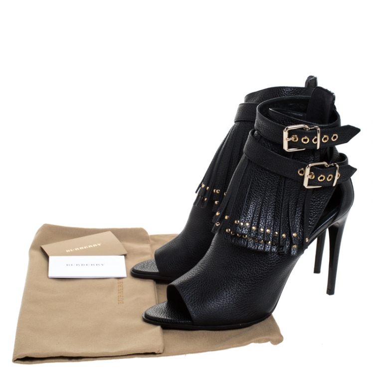 Pre Owned Burberry Black Leather Overfield Fringe Open Toe Ankle Boots Size 39