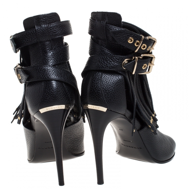 Pre Owned Burberry Black Leather Overfield Fringe Open Toe Ankle Boots Size 39