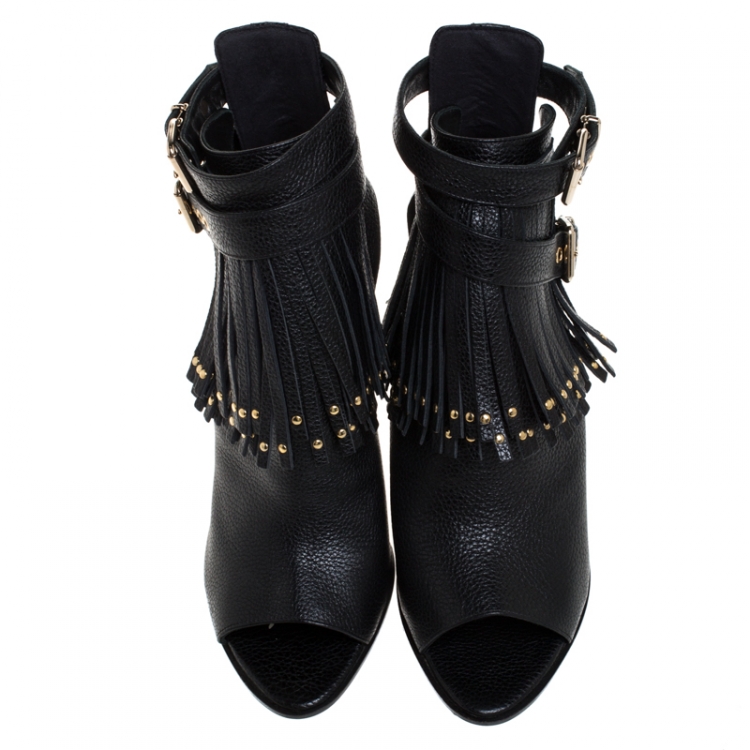 Pre Owned Burberry Black Leather Overfield Fringe Open Toe Ankle Boots Size 39