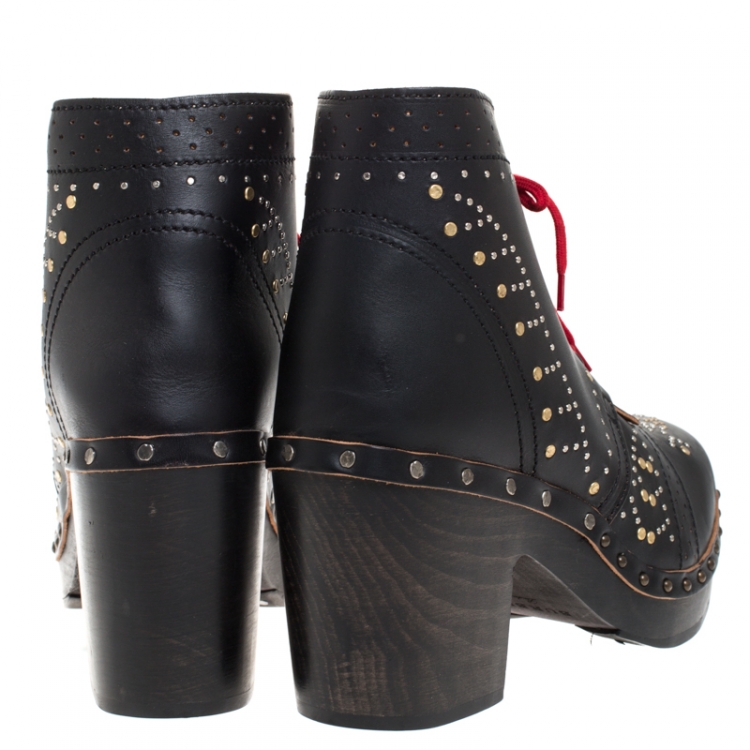 Pre Owned Burberry Black Leather Antrim Studded Fringe Detail Clog Ankle Boots Size 40