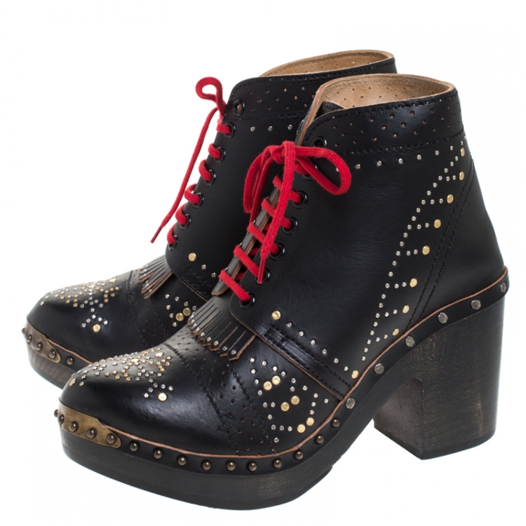 Pre Owned Burberry Black Leather Antrim Studded Fringe Detail Clog Ankle Boots Size 40