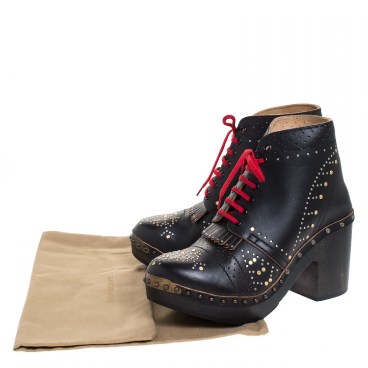 Pre Owned Burberry Black Leather Antrim Studded Fringe Detail Clog Ankle Boots Size 40