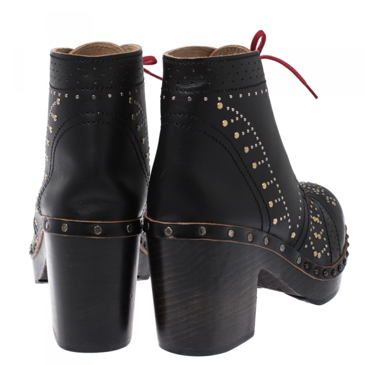 Pre Owned Burberry Black Studded Leather Antrim Block Heel Clog Ankle Boots Size 40