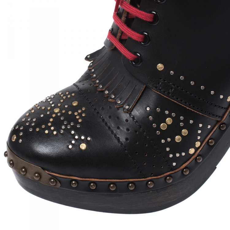 Pre Owned Burberry Black Studded Leather Antrim Block Heel Clog Ankle Boots Size 40