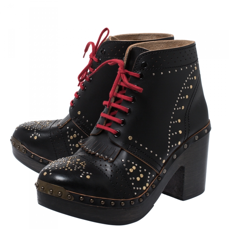 Pre Owned Burberry Black Studded Leather Antrim Block Heel Clog Ankle Boots Size 40
