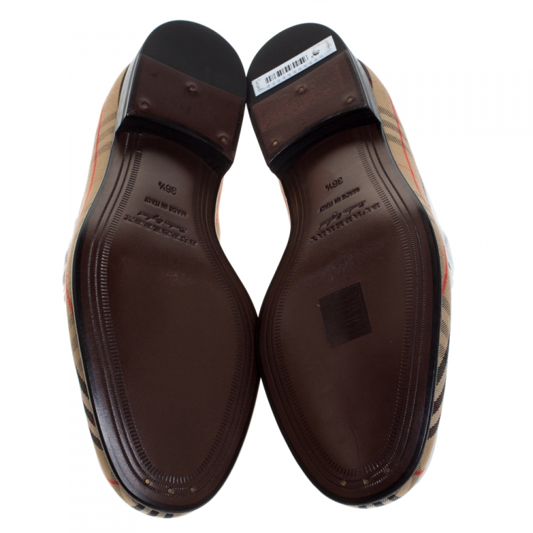 Pre Owned Burberry Beige/White Nova Check Canvas and Leather Moorley Chain Loafers Size 36.5