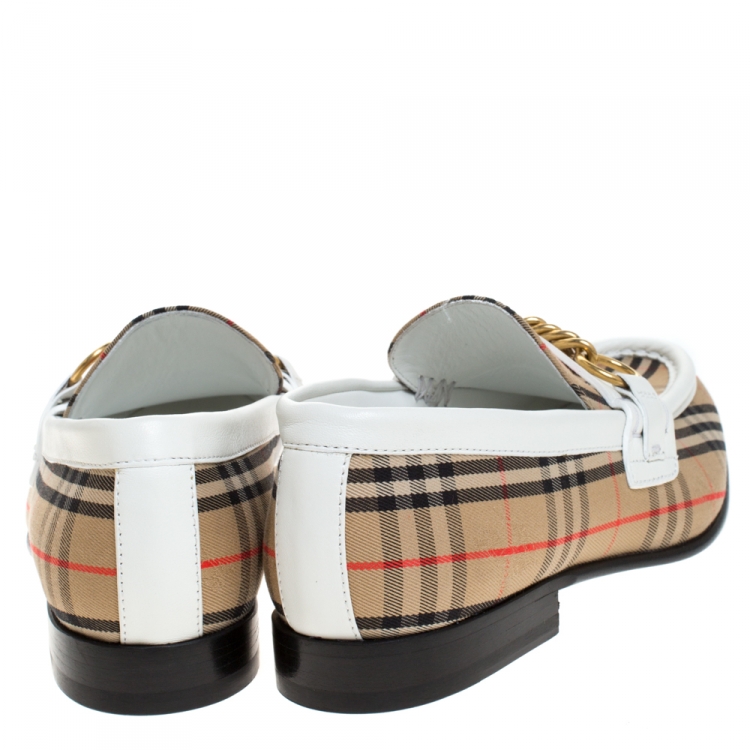 Pre Owned Burberry Beige/White Nova Check Canvas and Leather Moorley Chain Loafers Size 36.5