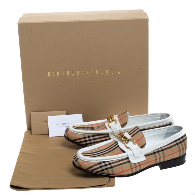 Pre Owned Burberry Beige/White Nova Check Canvas and Leather Moorley Chain Loafers Size 36.5