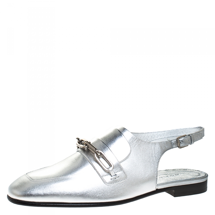 Pre Owned Burberry Silver Leather Cheltown Slingback Flat Sandals Size 39.5