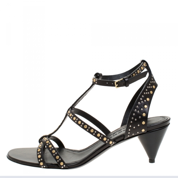 Pre Owned Burberry Black Studded Leather Hansel T Strap Cone Heel Sandals Size 39