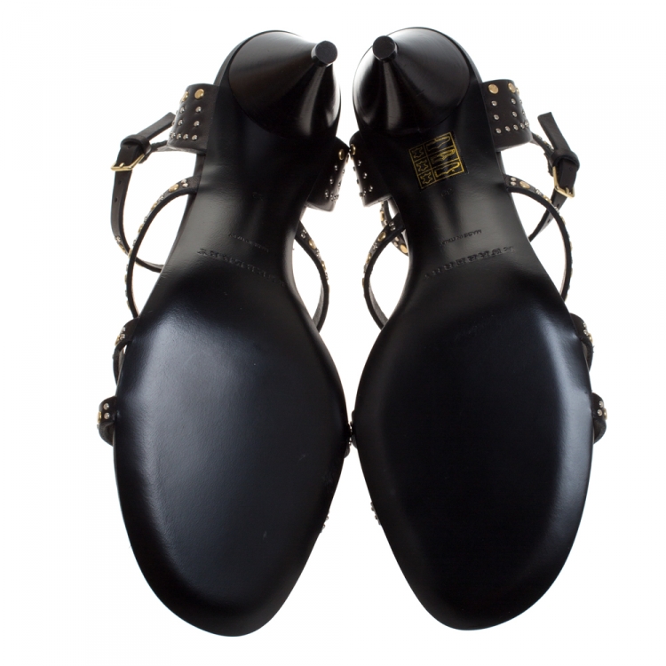 Pre Owned Burberry Black Studded Leather Hansel T Strap Cone Heel Sandals Size 39