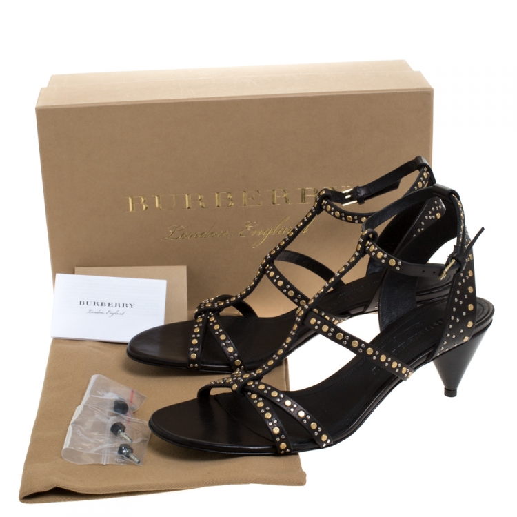 Pre Owned Burberry Black Studded Leather Hansel T Strap Cone Heel Sandals Size 39