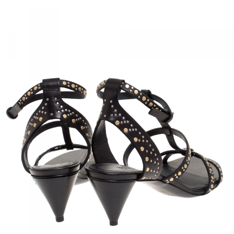 Pre Owned Burberry Black Studded Leather Hansel T Strap Cone Heel Sandals Size 39