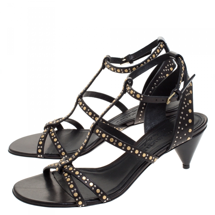 Pre Owned Burberry Black Studded Leather Hansel T Strap Cone Heel Sandals Size 39