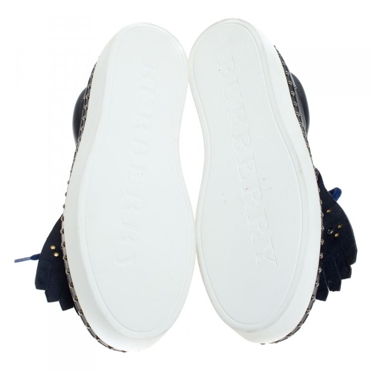 Pre Owned Burberry Navy Blue Leather Kiltie Fringe Slip On Sneakers Size  39.5