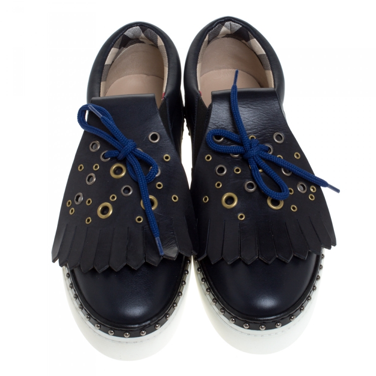 Pre Owned Burberry Navy Blue Leather Kiltie Fringe Slip On Sneakers Size  39.5