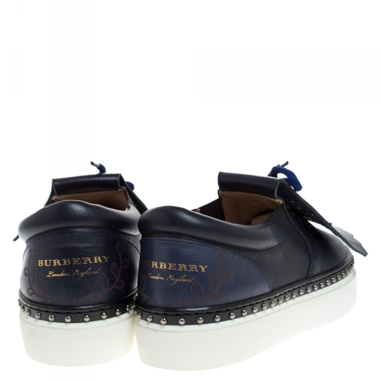 Pre Owned Burberry Navy Blue Leather Kiltie Fringe Slip On Sneakers Size  39.5