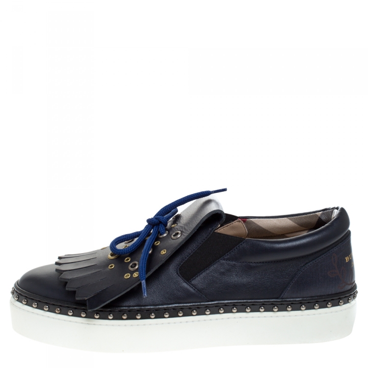 Pre Owned Burberry Navy Blue Leather Kiltie Fringe Slip On Sneakers Size  39.5