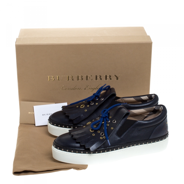 Pre Owned Burberry Navy Blue Leather Kiltie Fringe Slip On Sneakers Size  39.5
