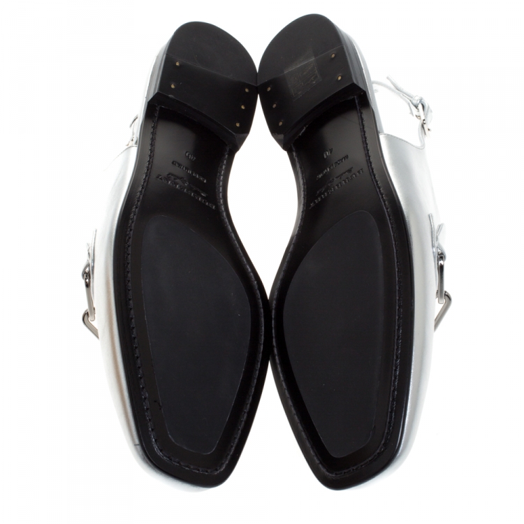Pre Owned Burberry Silver Leather Cheltown Slingback Flat Sandals Size 40