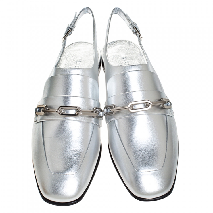 Pre Owned Burberry Silver Leather Cheltown Slingback Flat Sandals Size 40