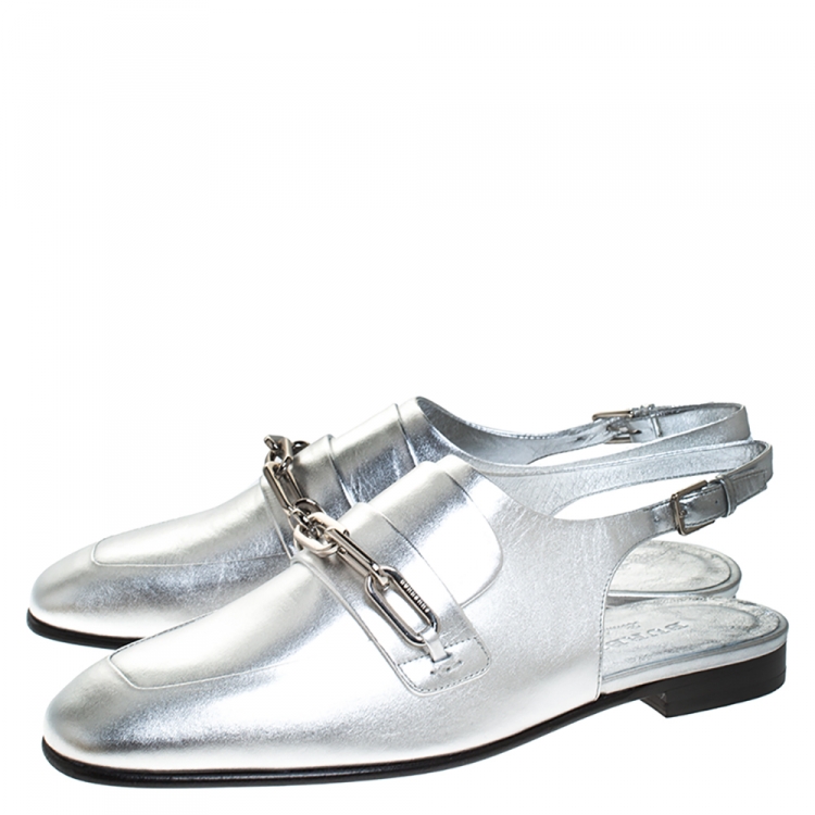 Pre Owned Burberry Silver Leather Cheltown Slingback Flat Sandals Size 40