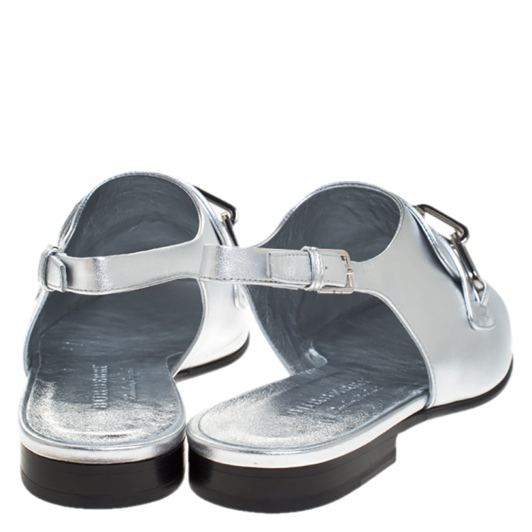 Pre Owned Burberry Silver Leather Cheltown Slingback Flat Sandals Size 40