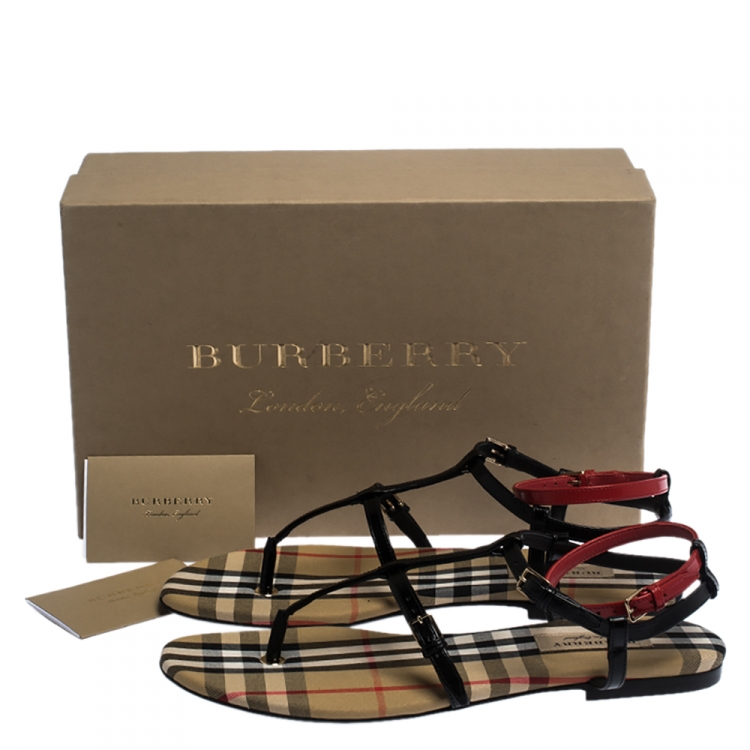Pre Owned Burberry Black/Beige Nova Check Canvas and Leather Anthea Flats Sandals Size 38.5