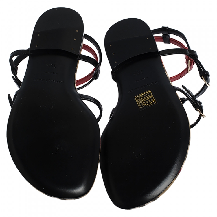 Pre Owned Burberry Black/Beige Nova Check Canvas and Leather Anthea Flats Sandals Size 38.5