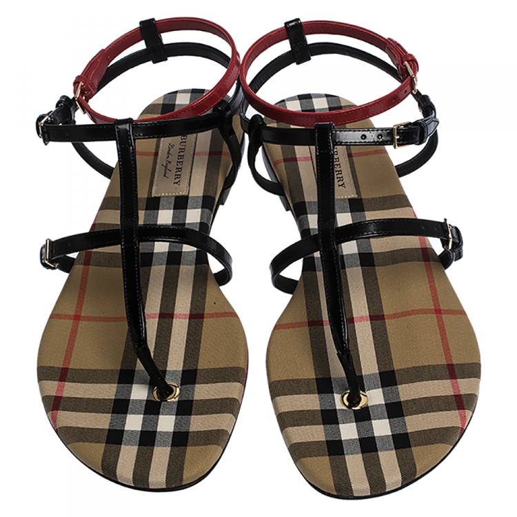 Pre Owned Burberry Black/Beige Nova Check Canvas and Leather Anthea Flats Sandals Size 38.5
