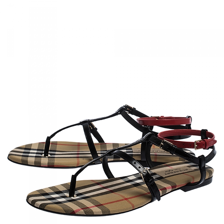Pre Owned Burberry Black/Beige Nova Check Canvas and Leather Anthea Flats Sandals Size 38.5