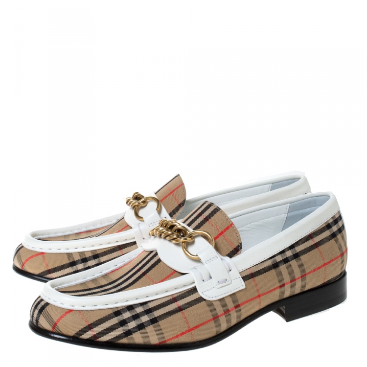 Pre Owned Burberry Beige/White Nova Check Canvas and Leather Moorley Chain Loafers Size 36.5