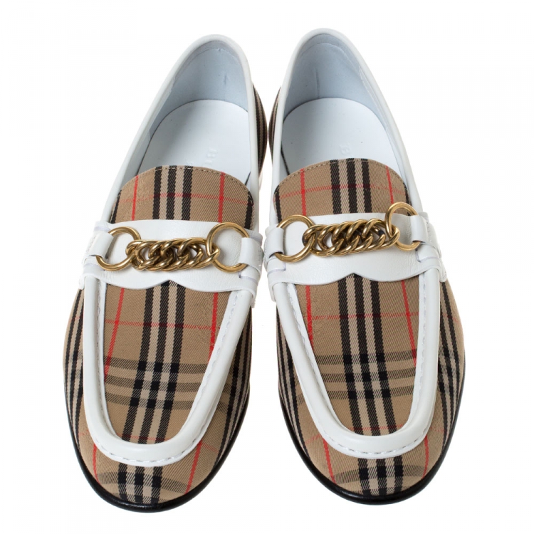 Pre Owned Burberry Beige/White Nova Check Canvas and Leather Moorley Chain Loafers Size 37