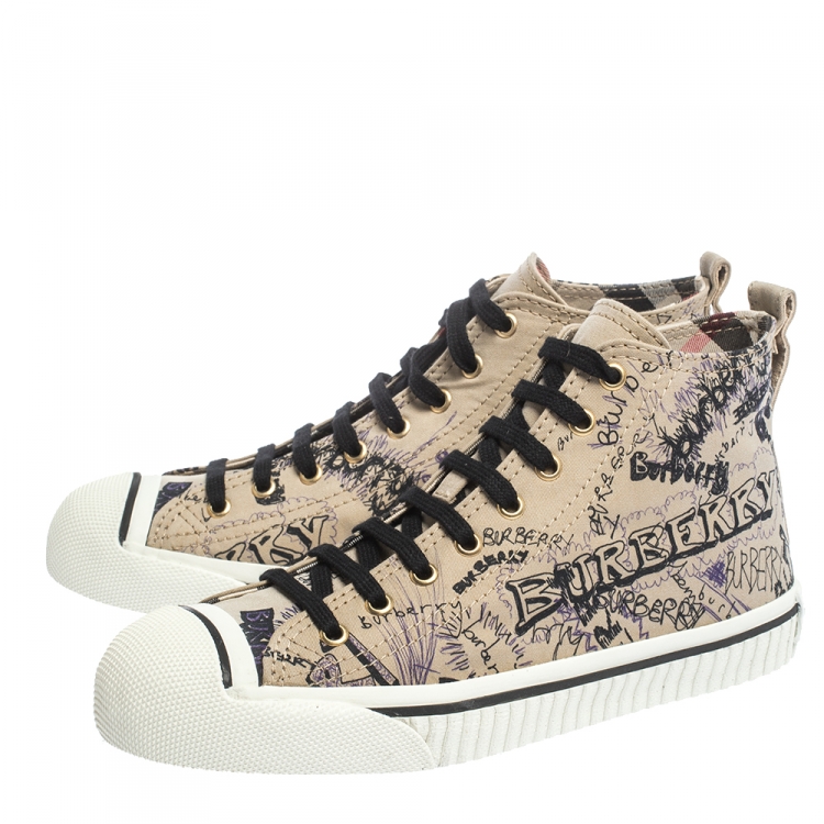 Pre Owned Burberry Beige Canvas Kingly Print High Top Sneakers Size 39